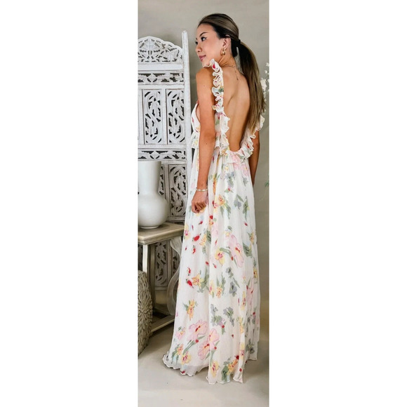NWT! For Love & Lemons L Romantic Backless Abby Floral Maxi Dress Ruffle Cream - Picture 4 of 11